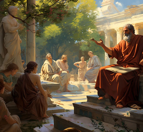 A painting depicting Aristotle in robes, engaging in discussion with a group of people, illustrating philosophical dialogue.