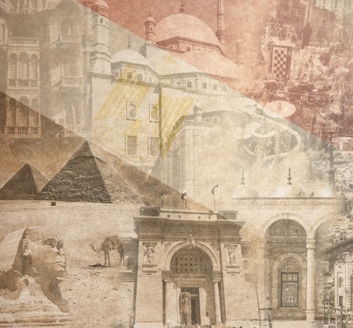 Collage of historical landmarks including pyramids and mosques, representing cultural heritage and historical preservation.