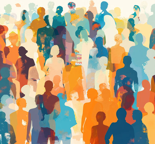 An abstract artwork featuring a large crowd, representing sociological concepts and the complexity of human interactions.