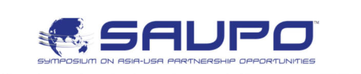 SAUPO logo featuring a stylized globe with motion lines to the left of the acronym 'SAUPO' in bold blue letters. Below the acronym is the full name in smaller blue text: 'Symposium on Asia-USA Partnership Opportunities