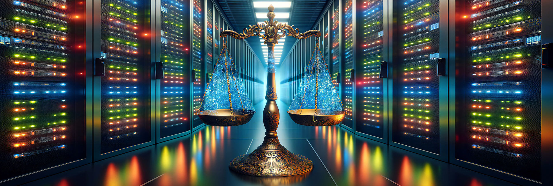 A golden scale of justice with intricate details stands in the center of a high-tech server room, symbolizing the intersection of law, justice, and technology. 