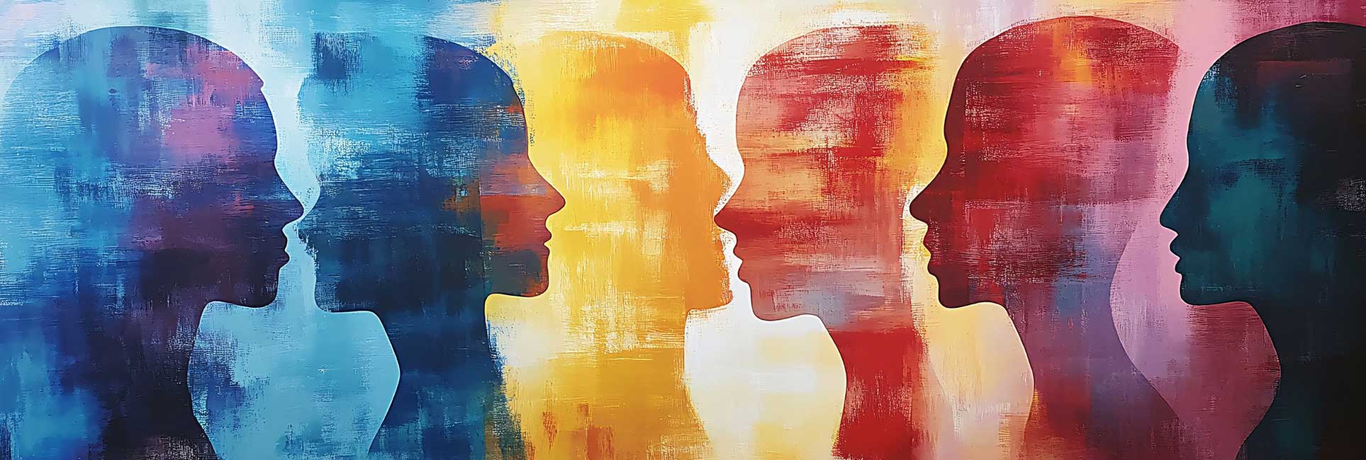 A digital painting of abstract human silhouettes facing each other in profile, symbolizing communication, diversity, and social interaction.