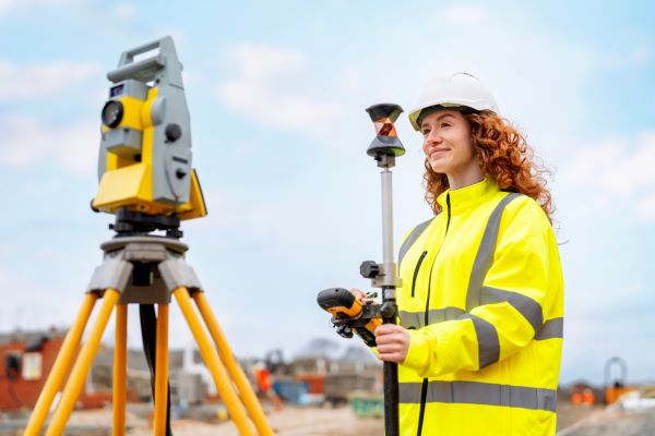 land surveyor using surveying equipment at a construction site