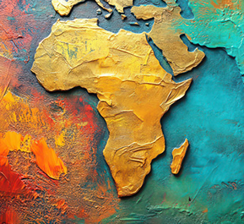 A colorful abstract artwork illustrating the map of Africa, blending shapes and hues to create a visually engaging composition.