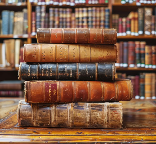 Stacked old books in a library, highlighting their aged covers and the knowledge contained within.