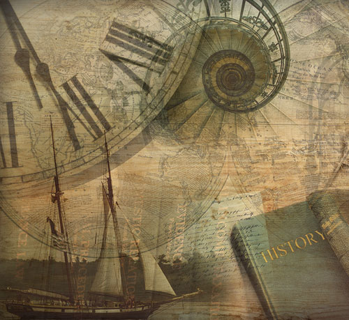 A vintage-style collage representing history, featuring an old sailing ship, an antique clock with Roman numerals, a weathered world map, handwritten historical documents, and a worn book titled "HISTORY."