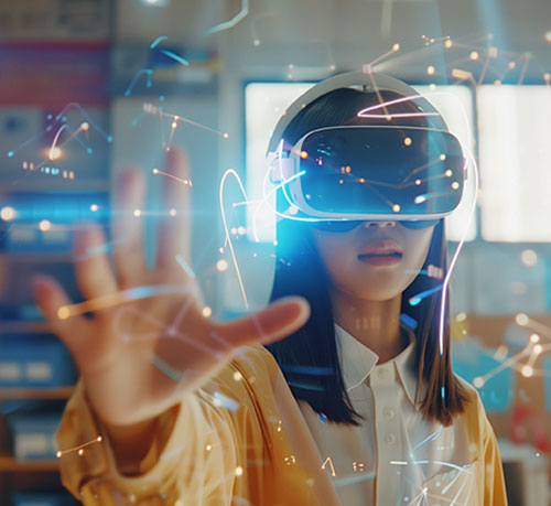 A woman immersed in a virtual reality experience, wearing a sleek VR headset, showcasing modern technology's impact on gaming.