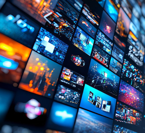 A wall adorned with numerous television screens, showcasing a variety of images and content in a vibrant display.