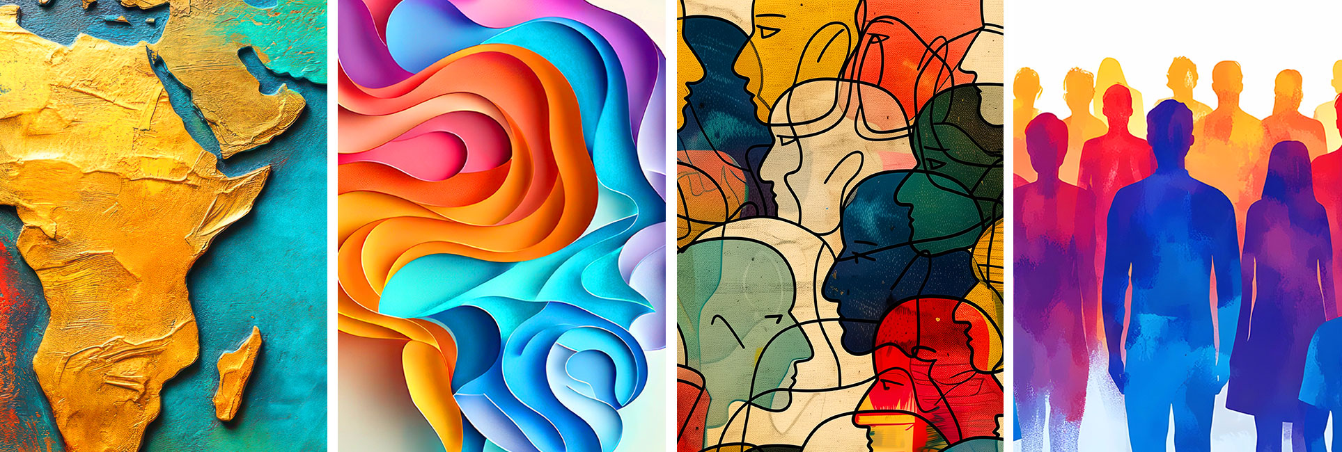 A collage of four vibrant artworks displayed on a wall, showcasing diverse colors and artistic styles.