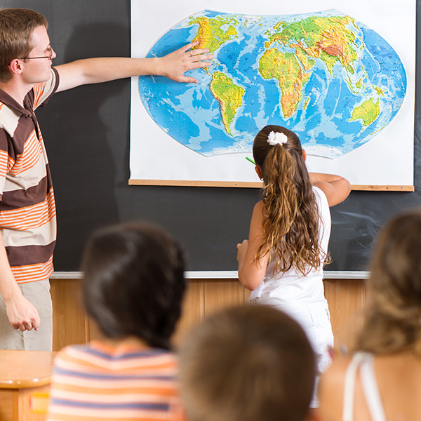 geography professor help student at map