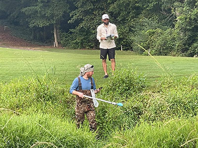 Assistant Professor of Geography and Geospatial Sciences Ranbir Kang, Ph.D., who is the Principal Investigator (PI) for this research project, with student Tristan Bollengaugh 