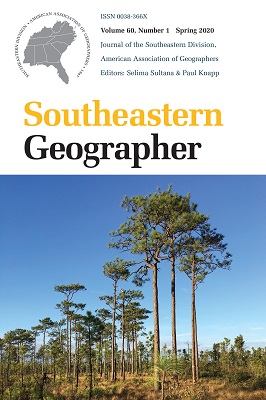 Cover of the "Southeastern Geographer" journal, Spring 2020 issue.