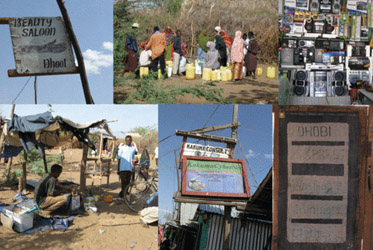 Collage of economic activities in various communities, showcasing small businesses and local trade.
