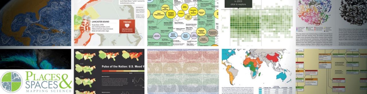 Collage of various maps and data visualizations from the 'Places & Spaces: Mapping Science' exhibit.