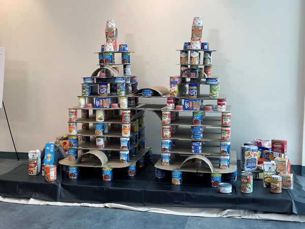 Two tall structures made from stacked canned goods and cardboard, resembling towers.