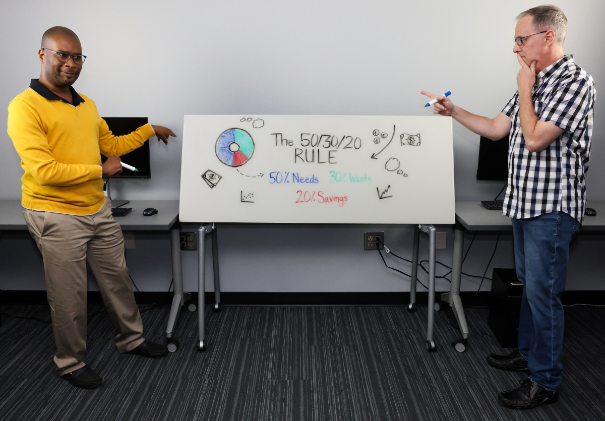 Jeffery Jackson and Matt Waller Stand in front of a dry erase board with example of 50/30/20 rule.