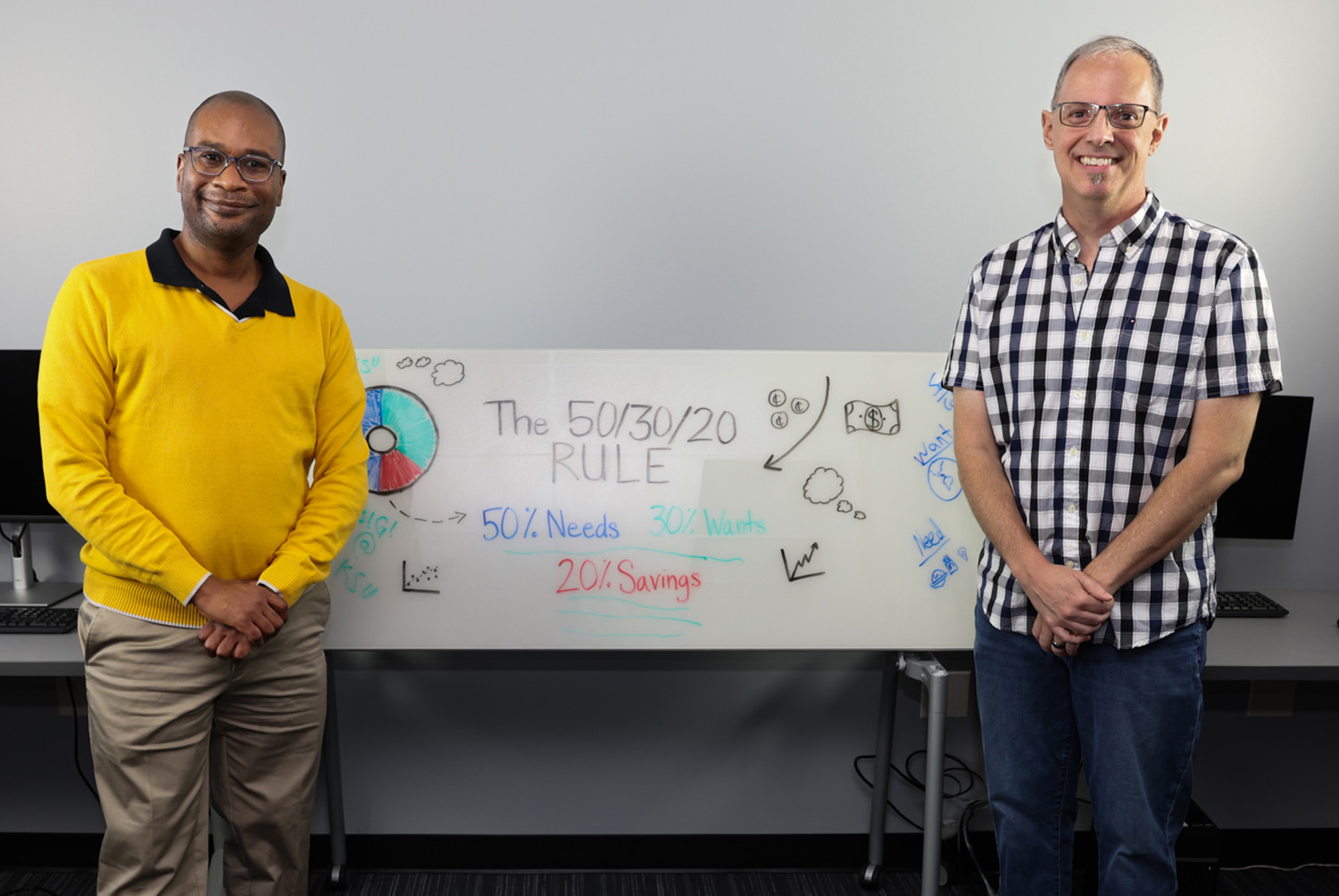 Jeffery Jackson and Matt Waller Stand in front of a dry erase board with example of 50/30/20 rule.