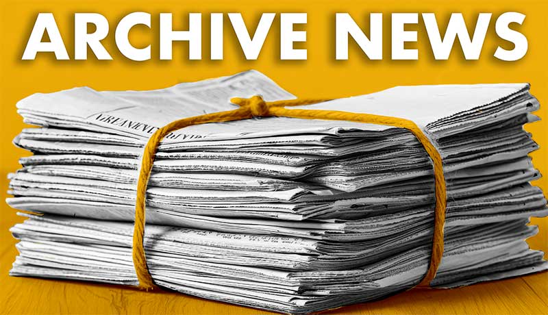 A large stack of old newspapers tied together with a yellow rope sits against a vibrant yellow background. Above the stack, bold white text reads, ARCHIVE NEWS.