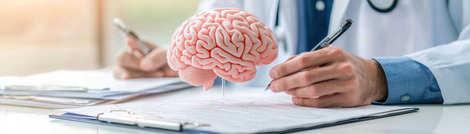 A doctor writes notes on paper while examining a brain model, showcasing a blend of medical practice and education.