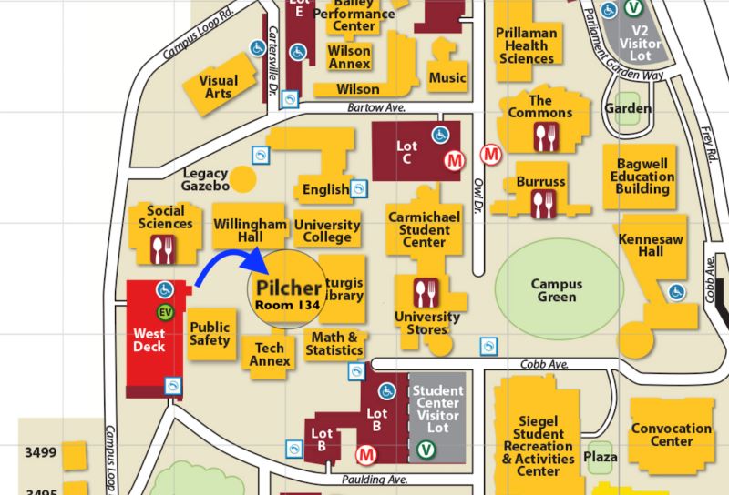 Campus map highlighting Pilcher Room 134 with a blue arrow, showing nearby buildings such as Willingham Hall, Social Sciences, and Public Safety.