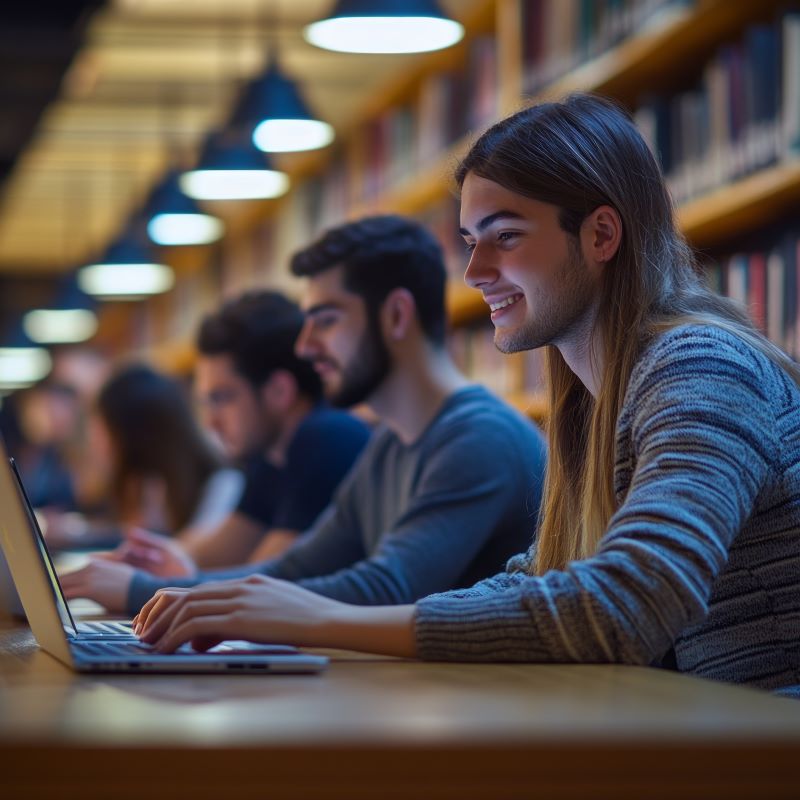 Students using laptops in a library setting.
