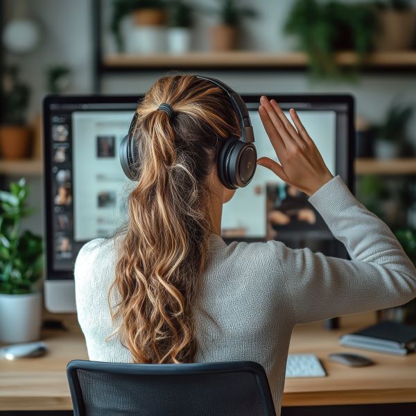A woman wearing headphones, engaging in a virtual meeting.