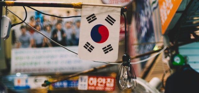 A Korean flag hanging outside in Korea.