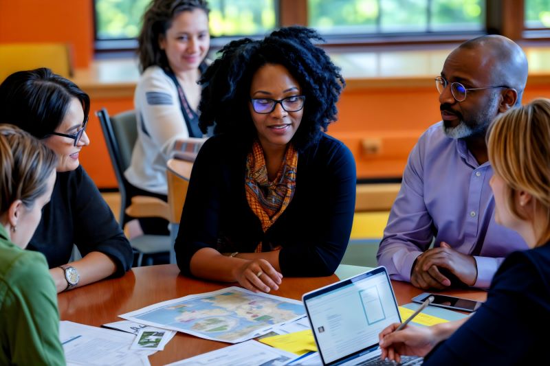 Group of faculty working together using a laptop and documents.