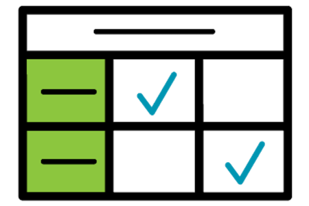 A simple rubric with a table format, featuring green-highlighted criteria on the left and checkmarks in some cells.