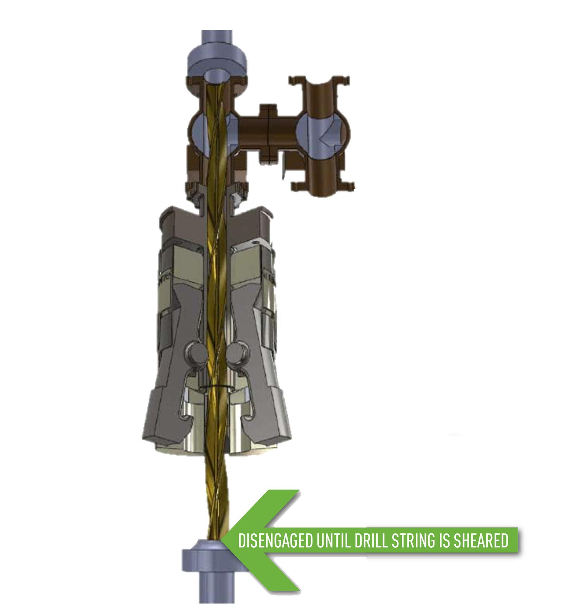 REBECCA  / Pressure switch indicates uncontrolled pressure release above the BOP, REBECCA disengages riser. REBECCA moves off riser preventing fluid dynamic forces from reaching the rig. 