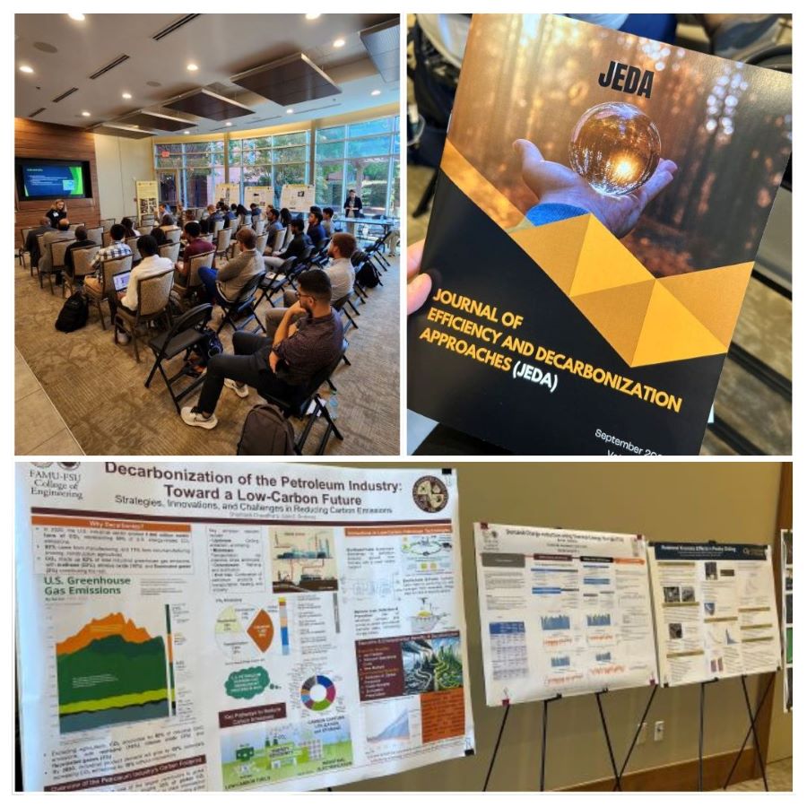 A collage of four images showing a conference room with attendees, a journal cover titled "Journal of Efficiency and Decarbonization Approaches (JEDA)", and two posters on decarbonization strategies.