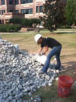 Rubble filled into wire baskets