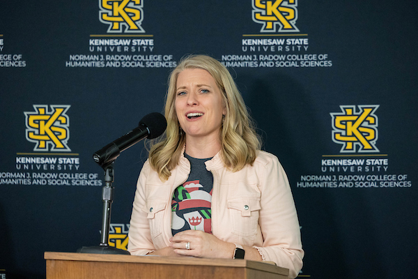 student giving speech at ksu event