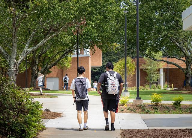 Two students walk and talk by the green with their backs to the camera