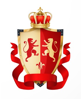 cream and red warrior's shield, with tigers facing each other and a crown on top