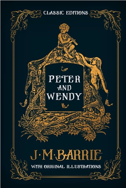 navy blue cloth book cover with gold embossed floral design and a cherub at the top