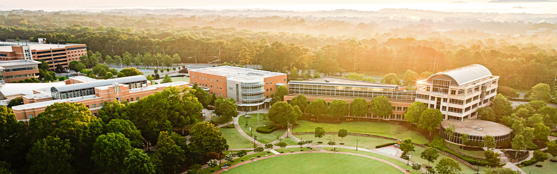 aerial shot of campus with bright sun glare