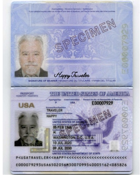 photocopy of a passport named happy traveler with the word specimen on the document
