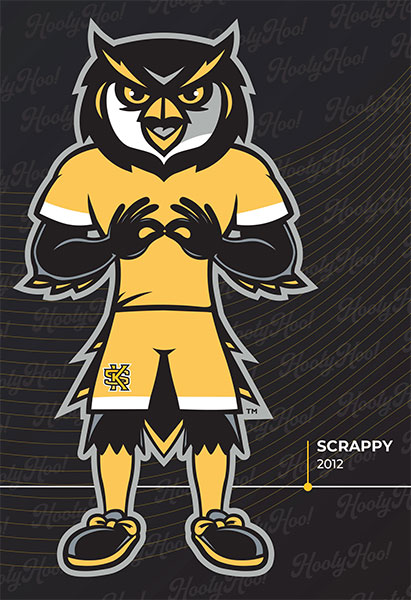 Cartoon ksu owl mascot in yellow and black sports attire stands confidently with arms out, on a dark background. Bold and spirited tone.