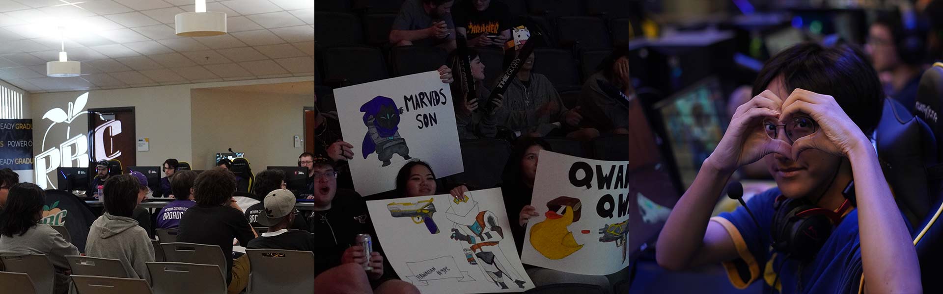 KSU playing in tournament, fans with posters, gamer making a heart shape with hands