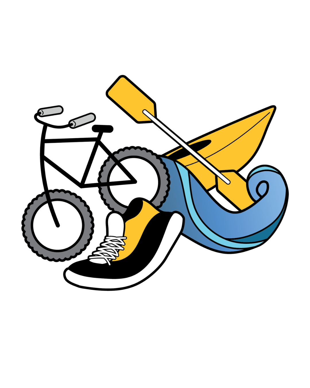 cartoon bike, kayak and running shoe