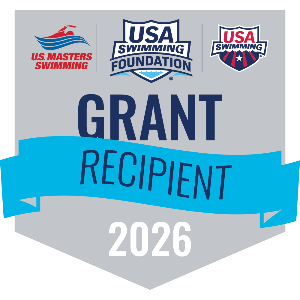 grey banner with words Grant Recipient 2026 and U.S. Masters Swimming logo, USA swimming foundation logo and usa swimming logo