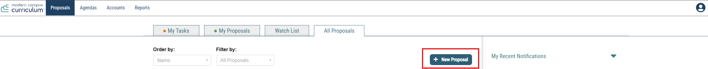 Image showing the Curriculog interface highlighting the "New Proposals" button to create a new proposal.