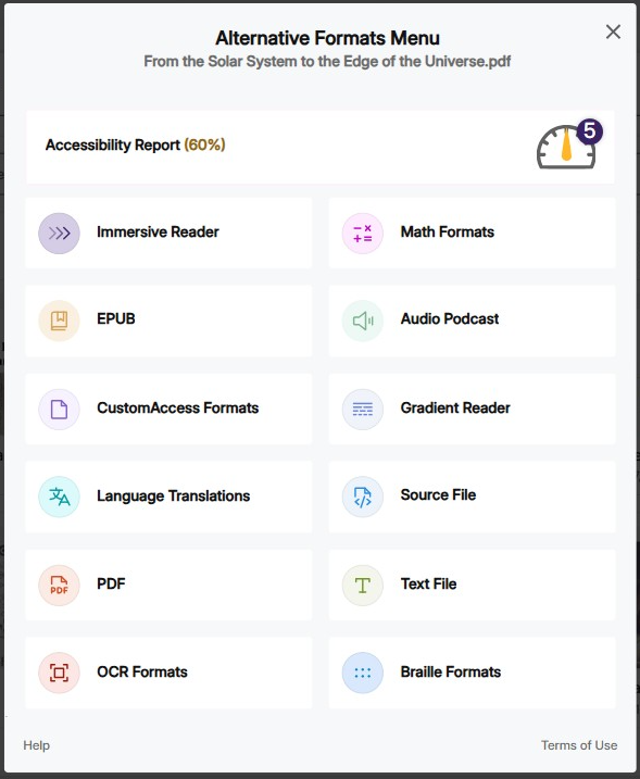 Panorama alternate formats menu with accessibility report
