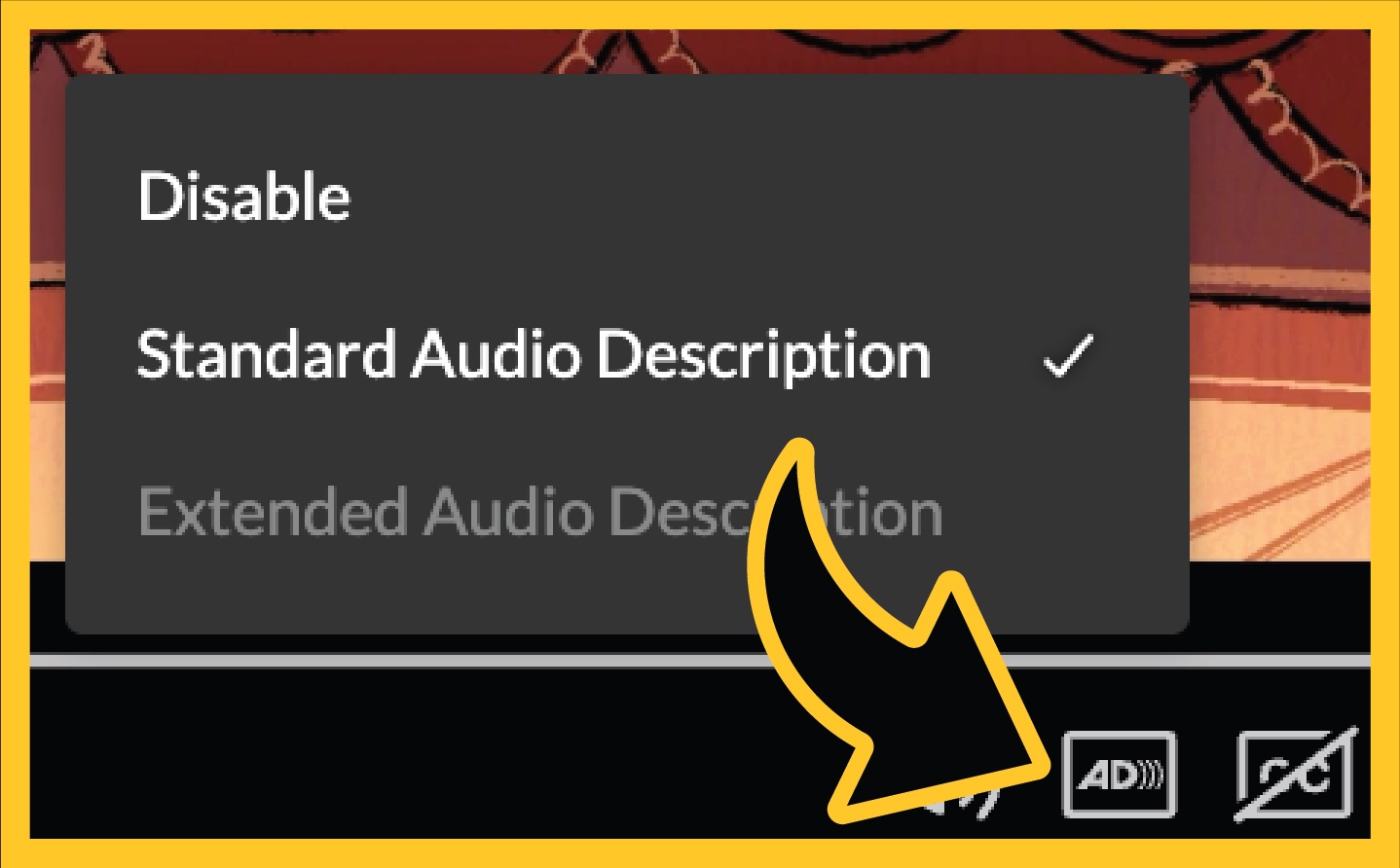 The alternative description button is next to the closed caption button in the player.