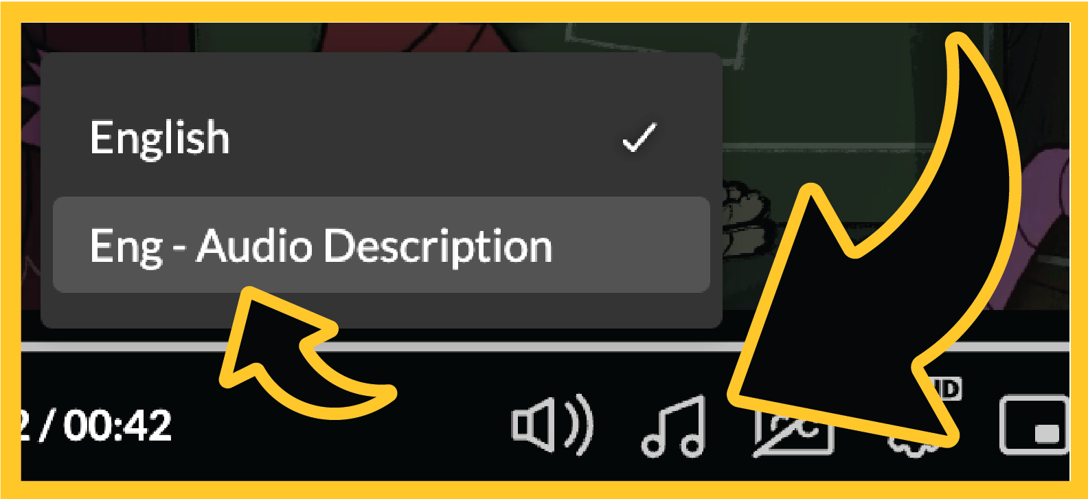 The audio options button is next to the volume on the video player.  After clicking it, choose Eng - Audio Description.