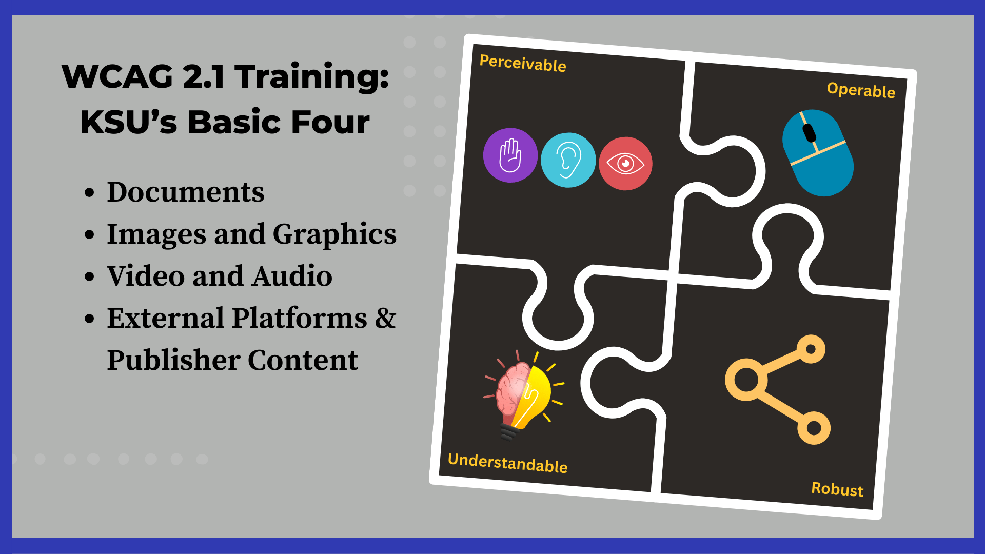 Text reads: wcag 2.1 training, KSU's Basic 4: documents, images and graphics, video/audio, external platforms and publisher content. Perceivable, Operable, Understandable, and Robust.