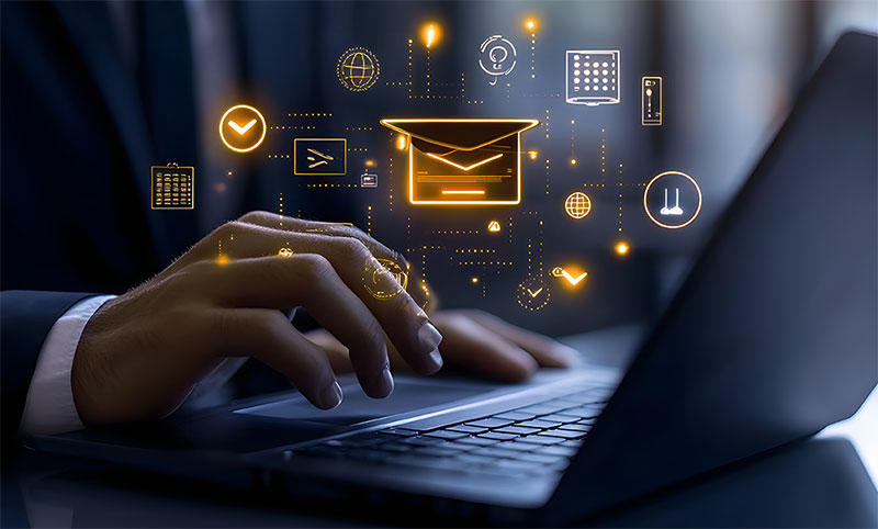A KSU graduate student types on a laptop keyboard with glowing digital education icons hovering above, including a graduation cap, checklist, globe, calendar, and data symbols, representing online learning and student support resources.