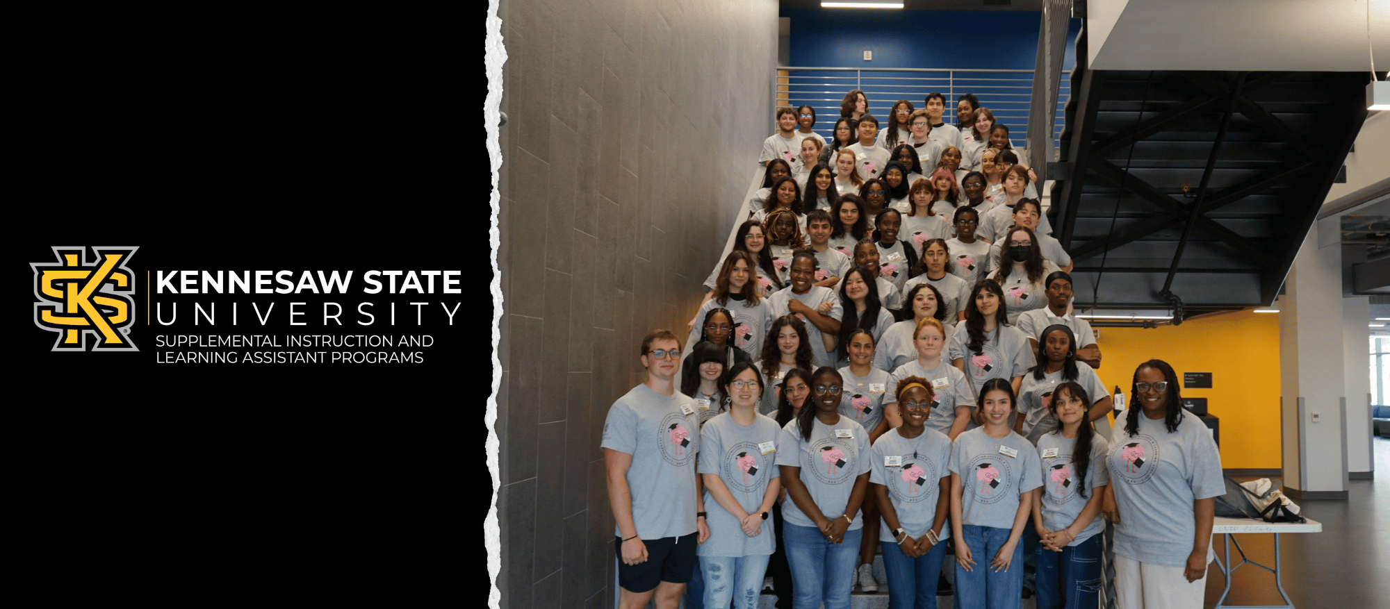 A group photoof the KSU Learning Assistants and the Program Manager, with the KSU LA Program logo on the left.