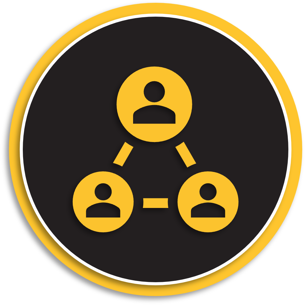 Icon of three avatars in circles with lines connecting the triangular circles.